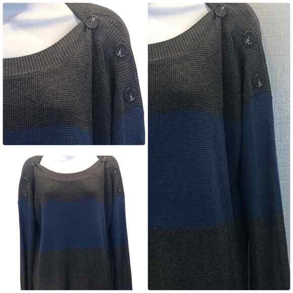 Vince Camuto Women’s Small Sweater Gray Blue Striped Thermal Button Shoulder - Picture 7 of 12